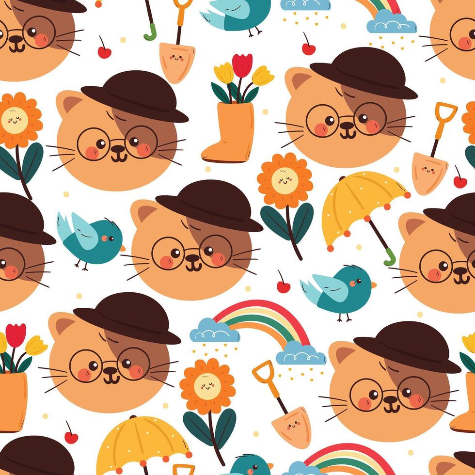 seamless pattern cartoon cat wearing hat flowers and spring stuff. cute animal pattern for wallpaper, background and gift wrap paper vector