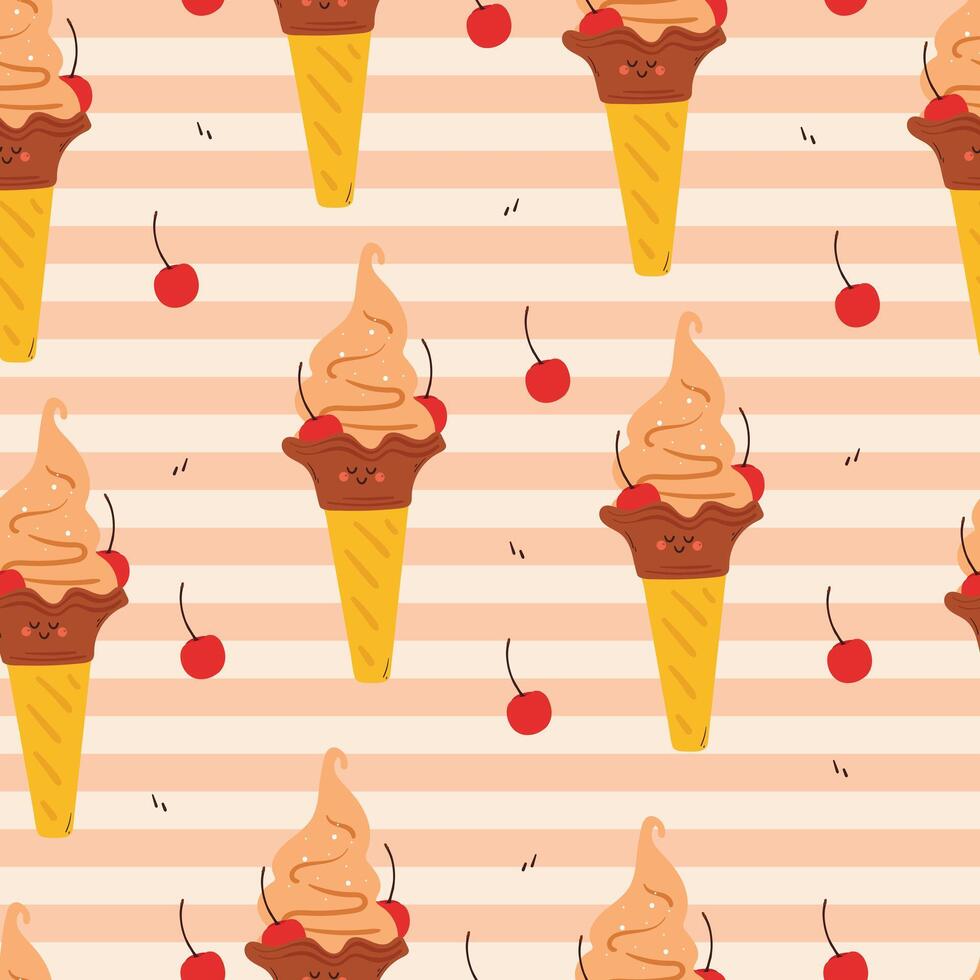 seamless pattern cartoon vanilla ice cream with cherry. cute dessert pattern for wallpaper, background and gift wrap paper vector