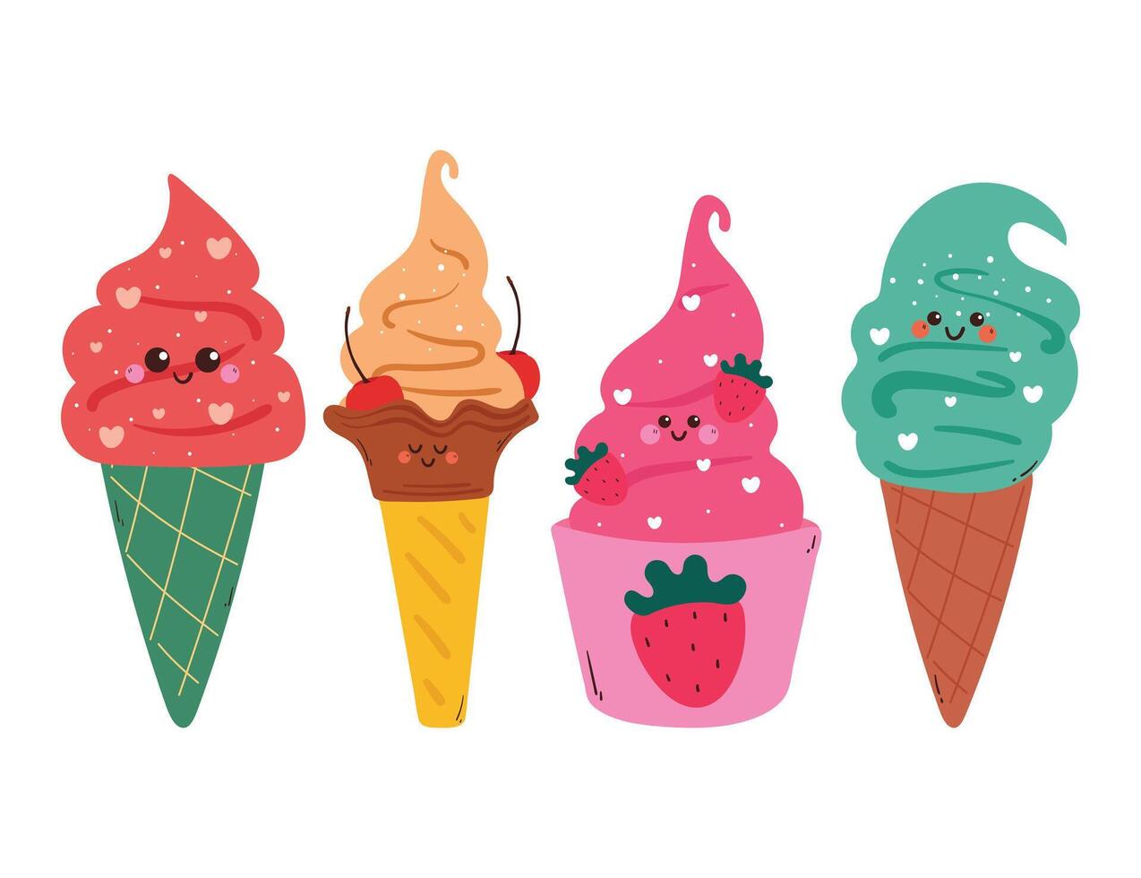 hand drawing cartoon cute ice cream sticker set. cute food and dessert drawing and sticker, doodle set vector