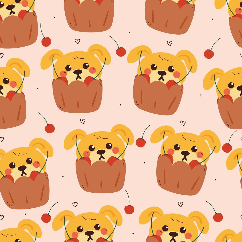 seamless pattern cute cartoon puppy inside cupcake with cherry. animal pattern for wallpaper, background and gift wrap paper vector