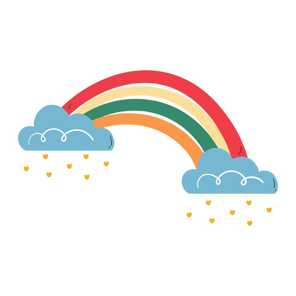 cute hand drawing cartoon boho rainbow with blue clouds and orange hear shower. cute sky element sticker vector