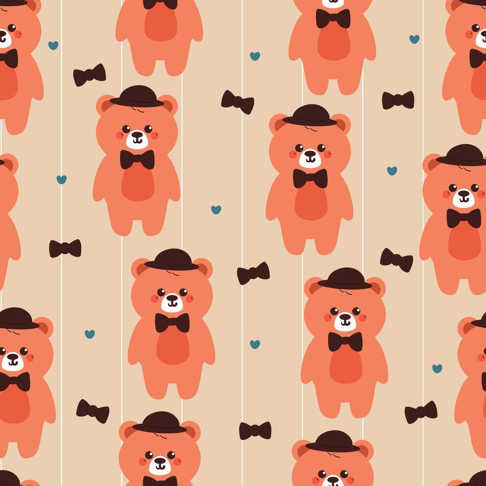 seamless pattern cute cartoon bear wearing hat and cartoon black bow. cute animal pattern for wallpaper and background vector