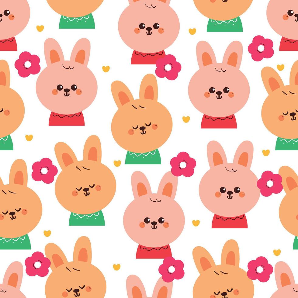 seamless pattern cute cartoon bunnies with red flower. cute animal drawing for wallpaper and background vector