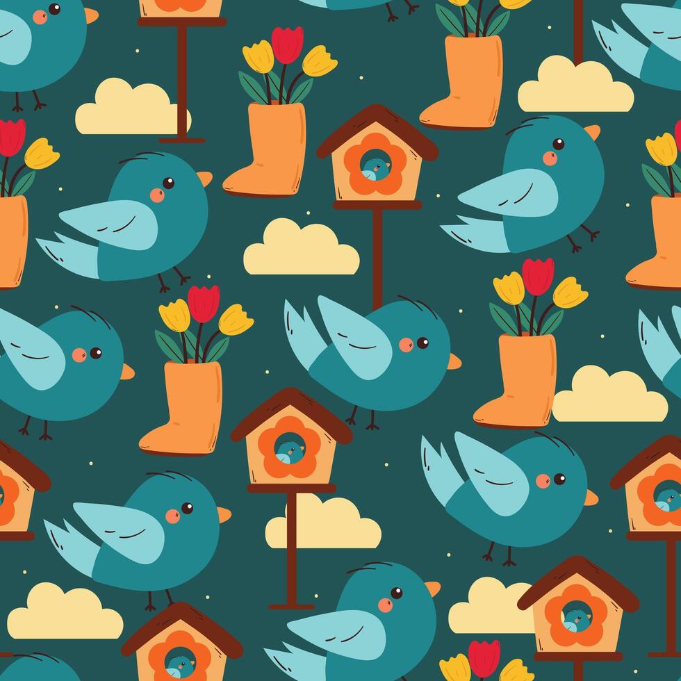 seamless pattern cartoon birds with flower, birdhouse and blue clouds. cute animal pattern for wallpaper, background and gift wrap paper vector