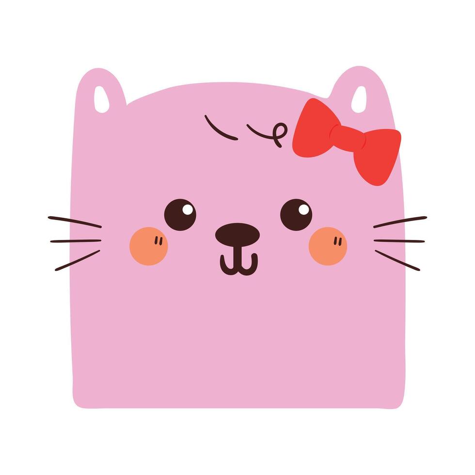 cute drawing cartoon brown pink cat with red ribbon. cute animal doodle for sticker, icon vector