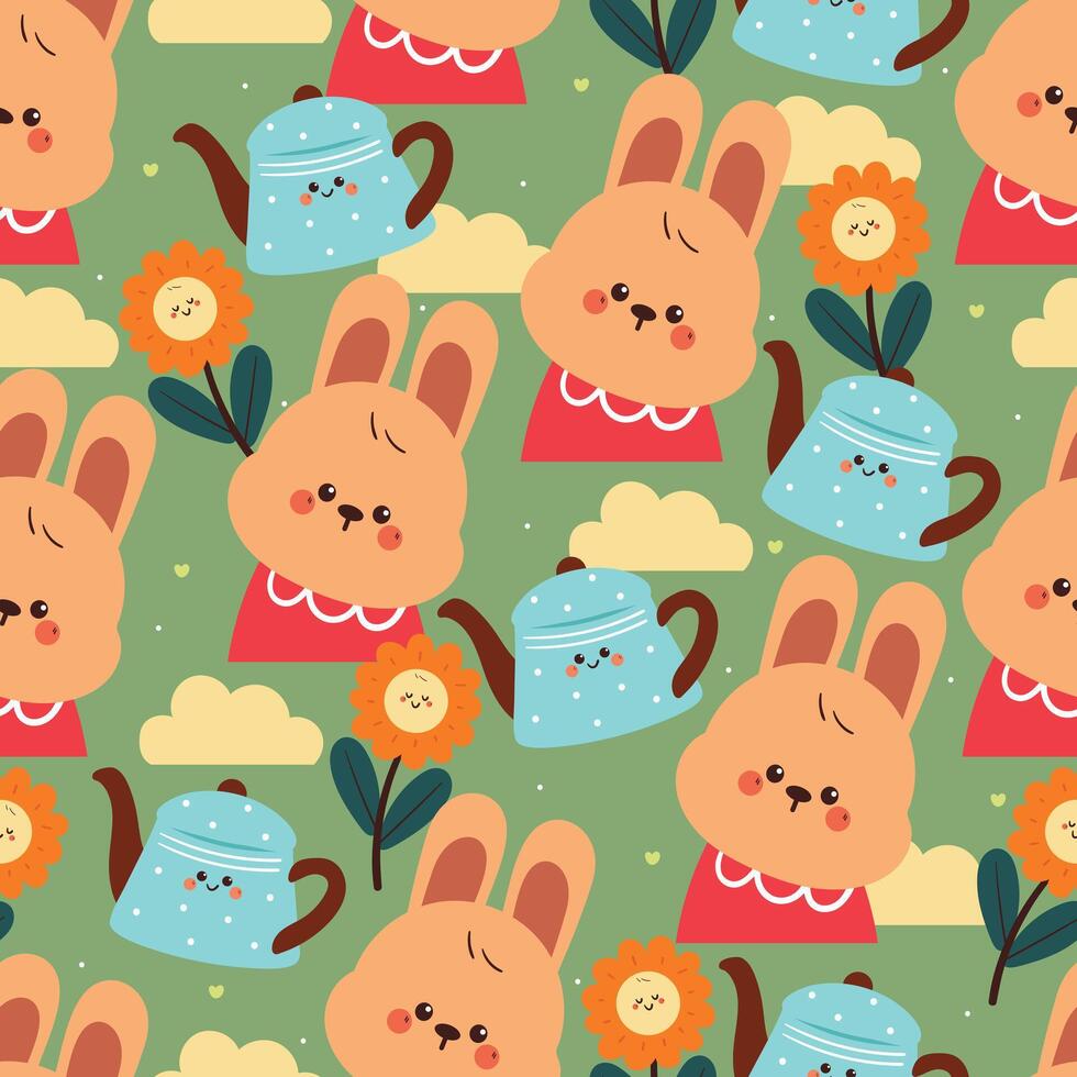 seamless pattern cute cartoon bunny with flower and water pot. cute animal drawing for spring wallpaper and background vector
