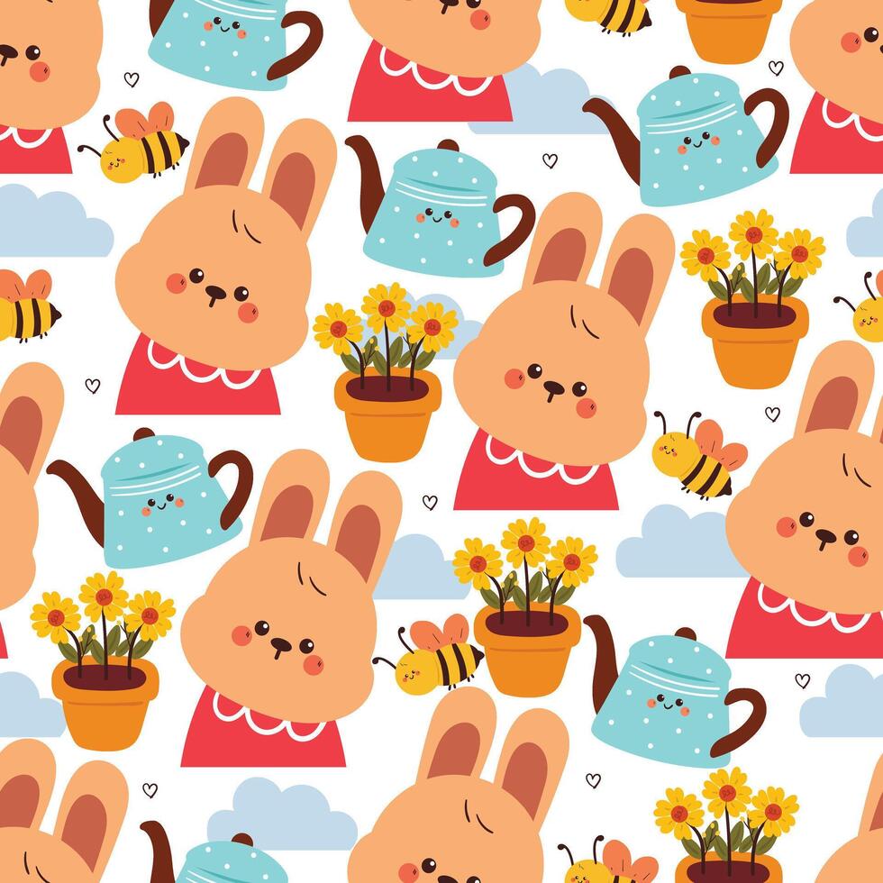 seamless pattern cute cartoon bunny with flower and water pot. cute animal drawing for spring wallpaper vector