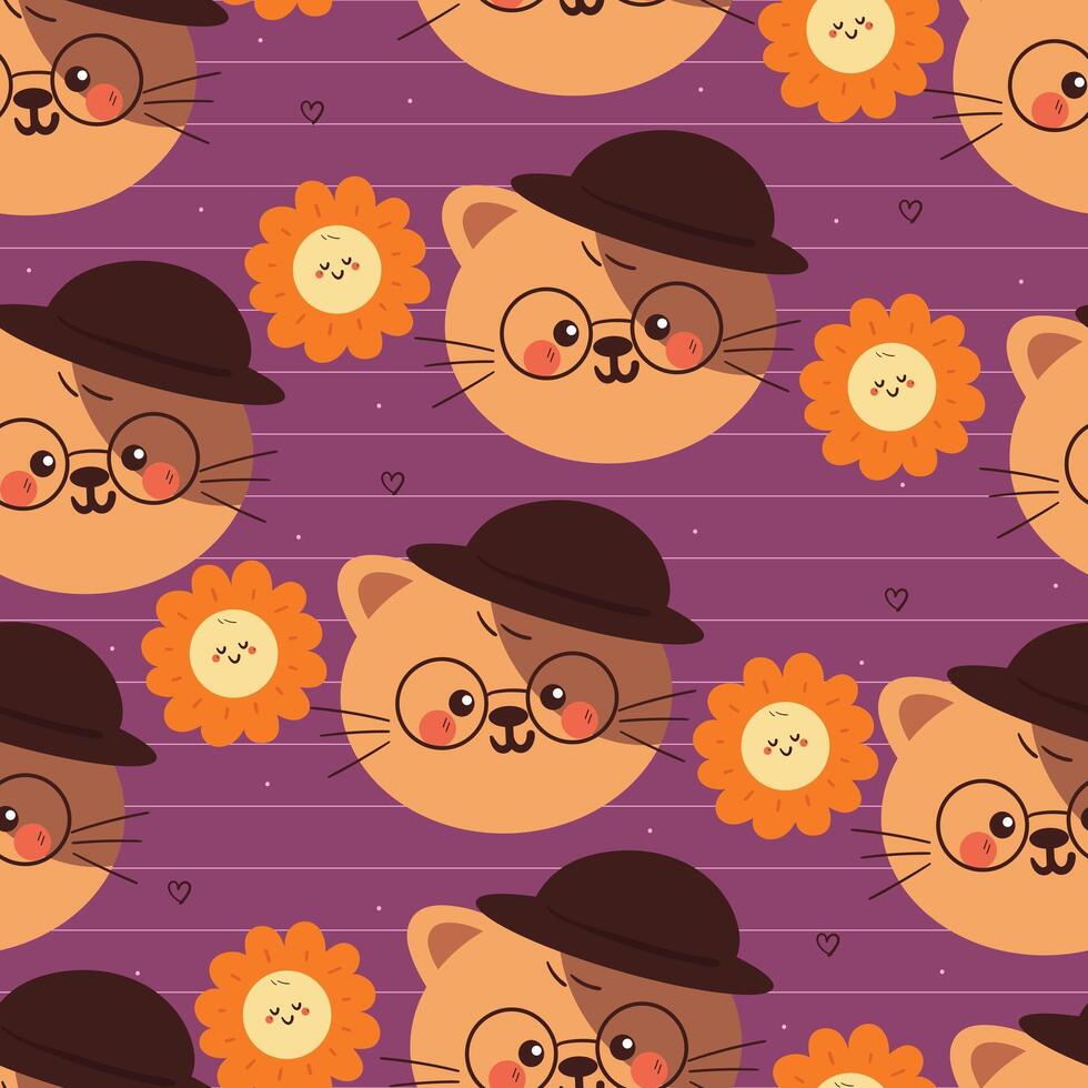 seamless pattern cartoon cat wearing hat and cartoon flowers. cute animal pattern for wallpaper, background and gift wrap paper vector