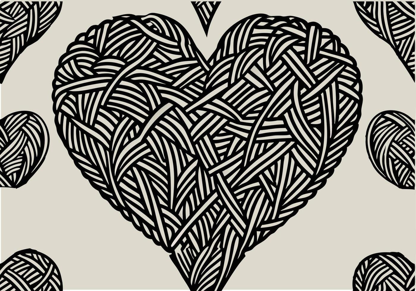 Intricate Black and White Heart Design with Yarn Balls. vector