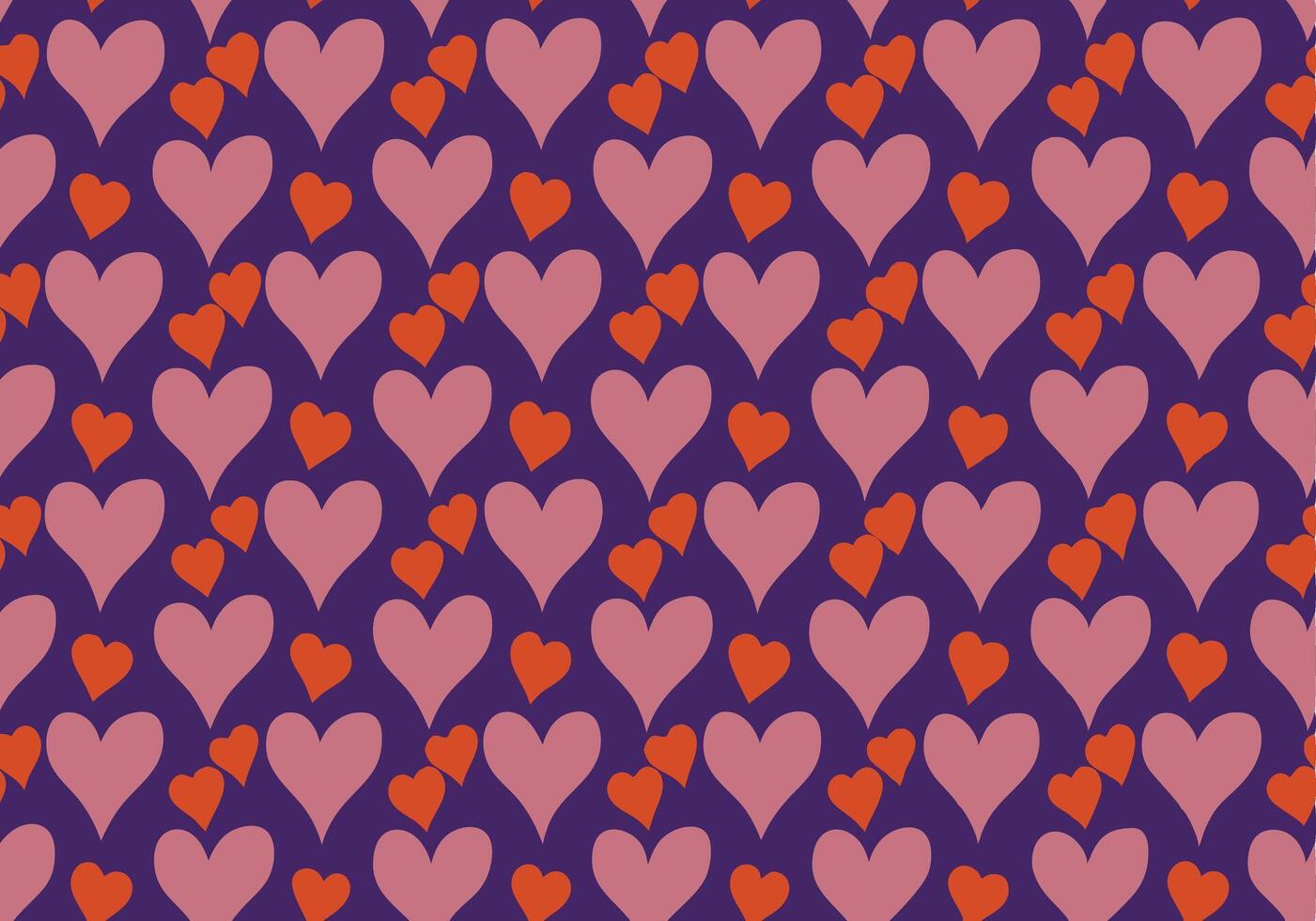 Romantic Purple Background with Pink and Orange Hearts Pattern. vector