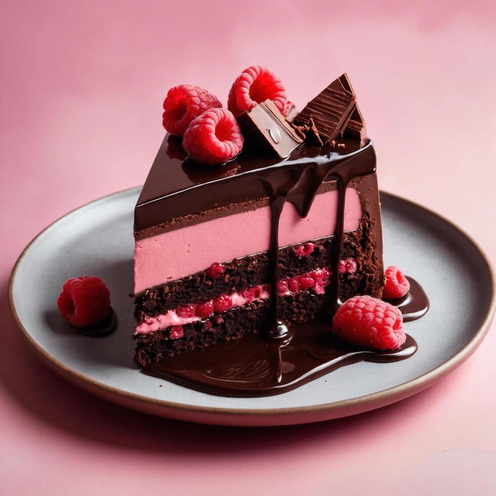 A piece of chocolate cake with raspberries on top photo