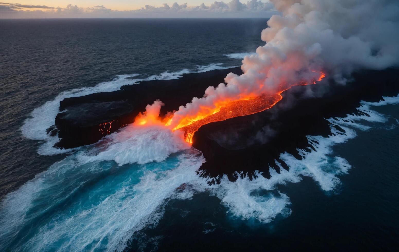 Lava flowing into the ocean from a volcano photo