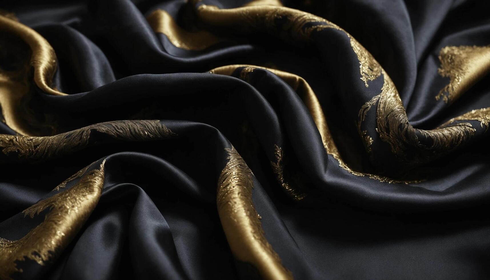 A black and gold silk fabric with a gold pattern photo