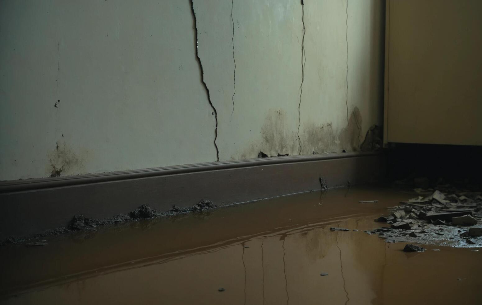 A dirty room with water and mold on the floor photo