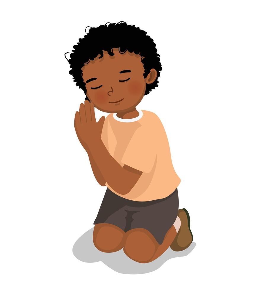 little African boy praying kneeling on his knee vector