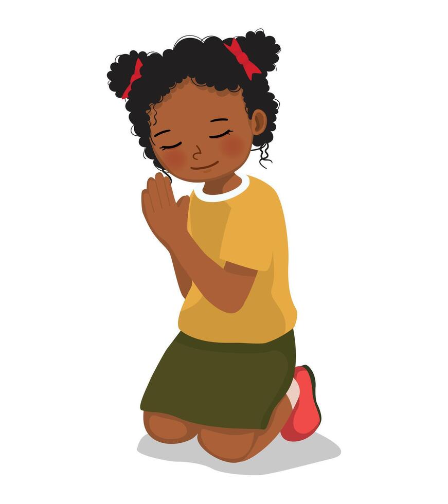 little African girl praying kneeling on her knee vector