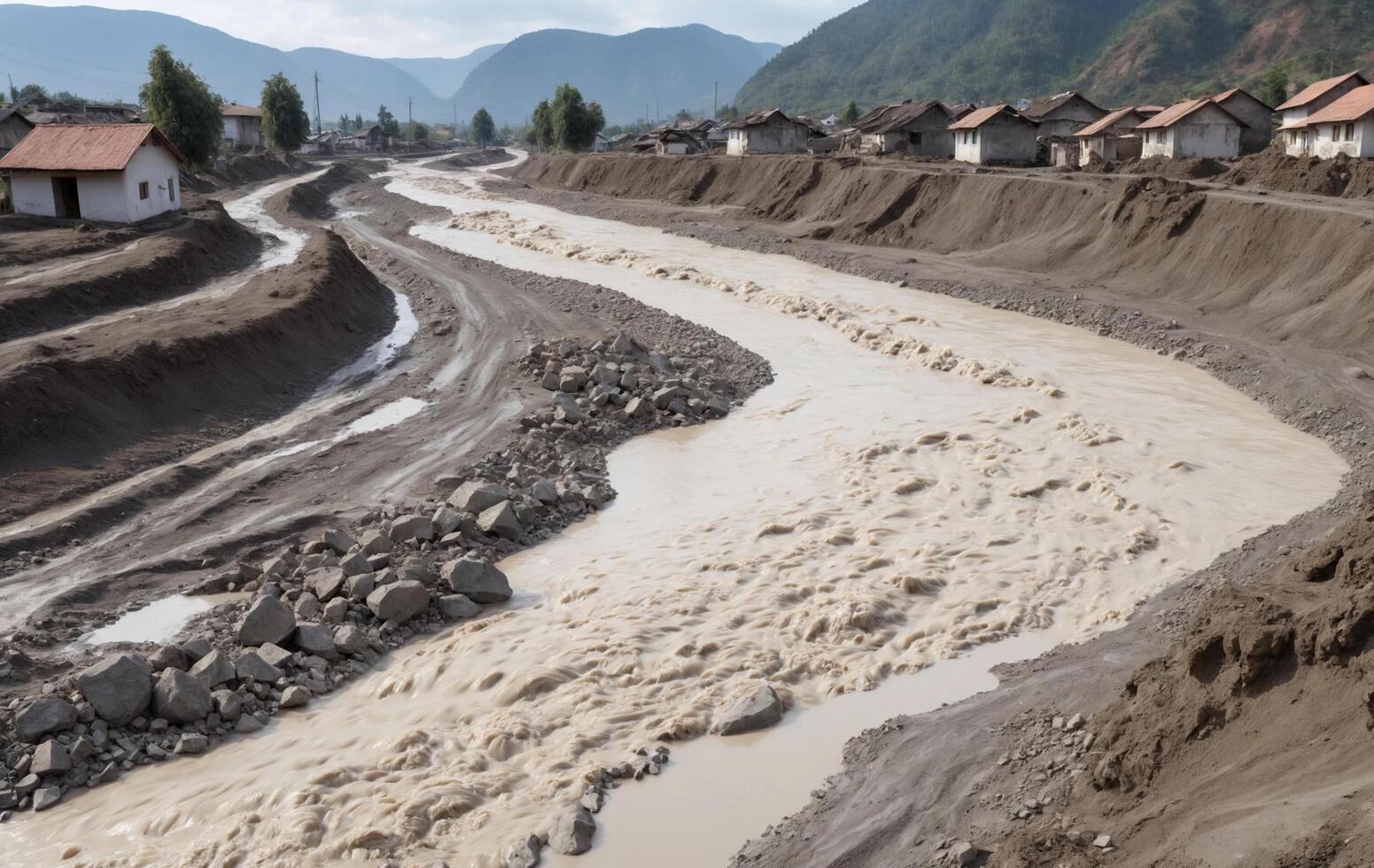 A river that is flowing through a mud and dirt road photo