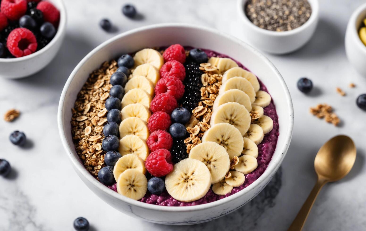 A bowl of blueberry smoothie with bananas, raspberries and blueberries photo