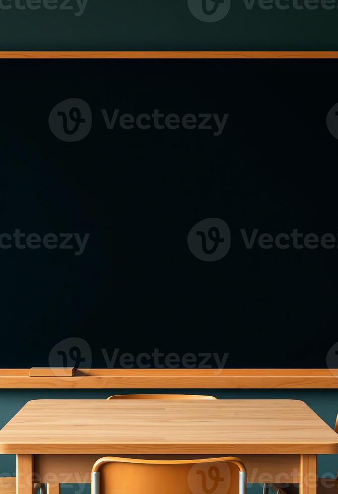 empty table top mockup on classroom with blank chalkboard copy space background photo