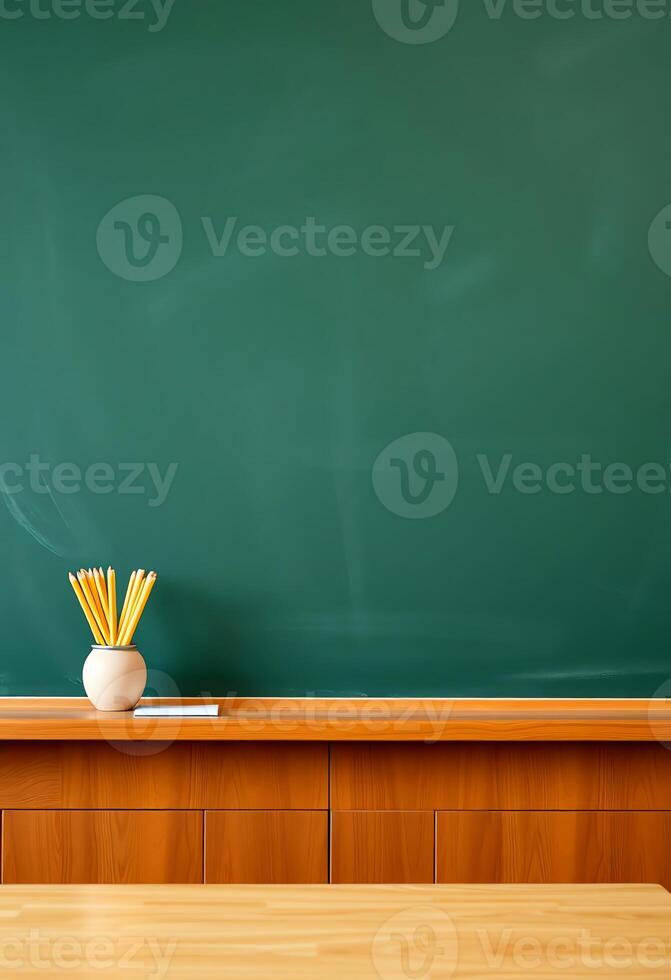 empty table top mockup on classroom with blank chalkboard sign copy space background photo