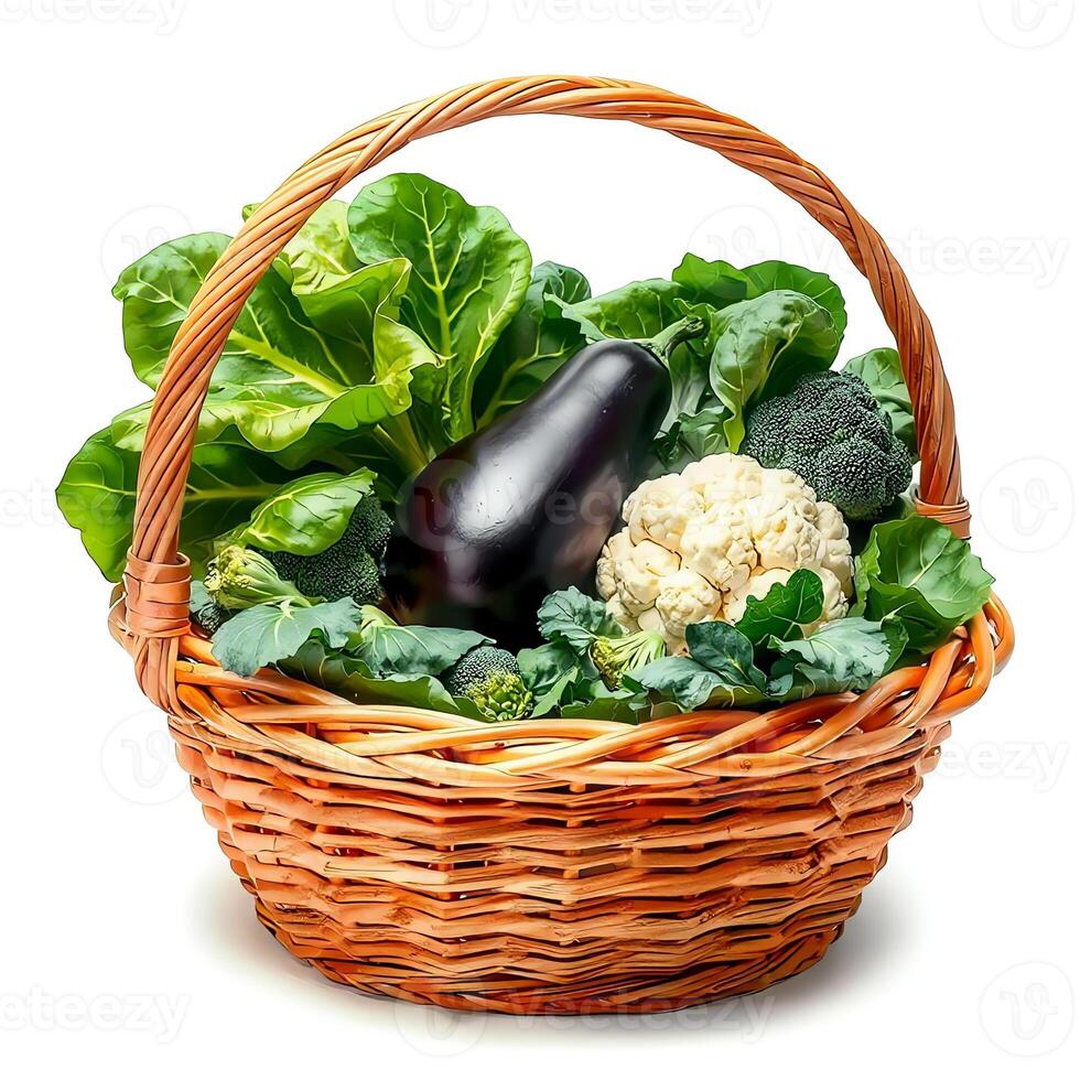 Fresh Vegetable Basket A Bounty of Greens and Eggplant photo