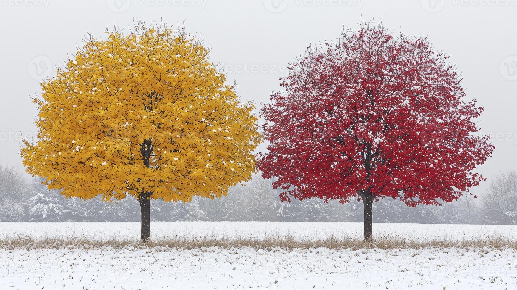 Two trees in the snow with red and yellow leaves photo