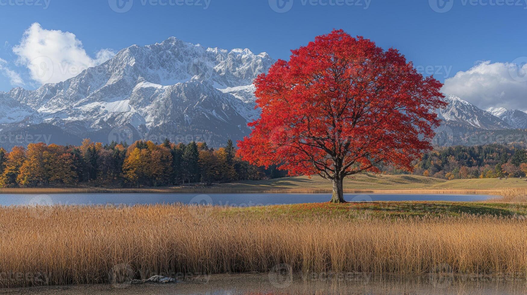 A red tree stands in front of a lake with mountains in the background photo