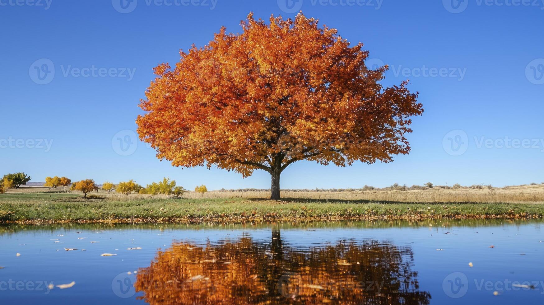 A tree with orange leaves and a reflection in the water photo