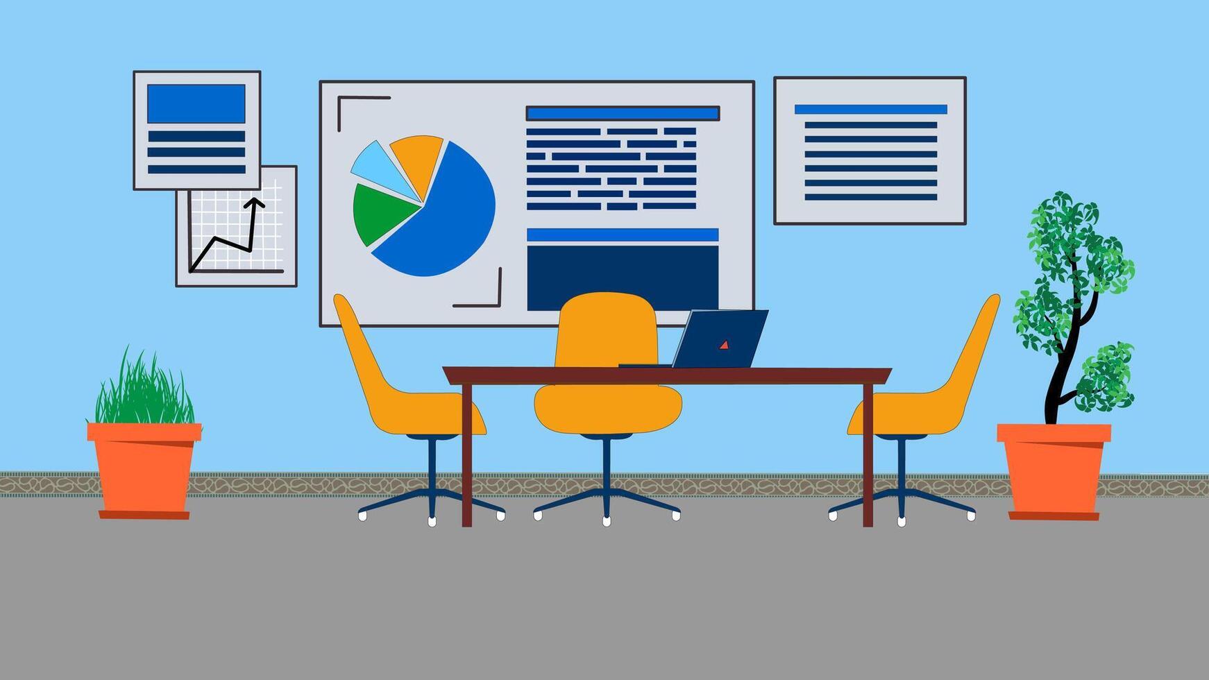 Corporate office interior with info charts, office work cartoon flat. Boardroom with furniture, houseplants, and data presentation 2D isolated on a white background. vector