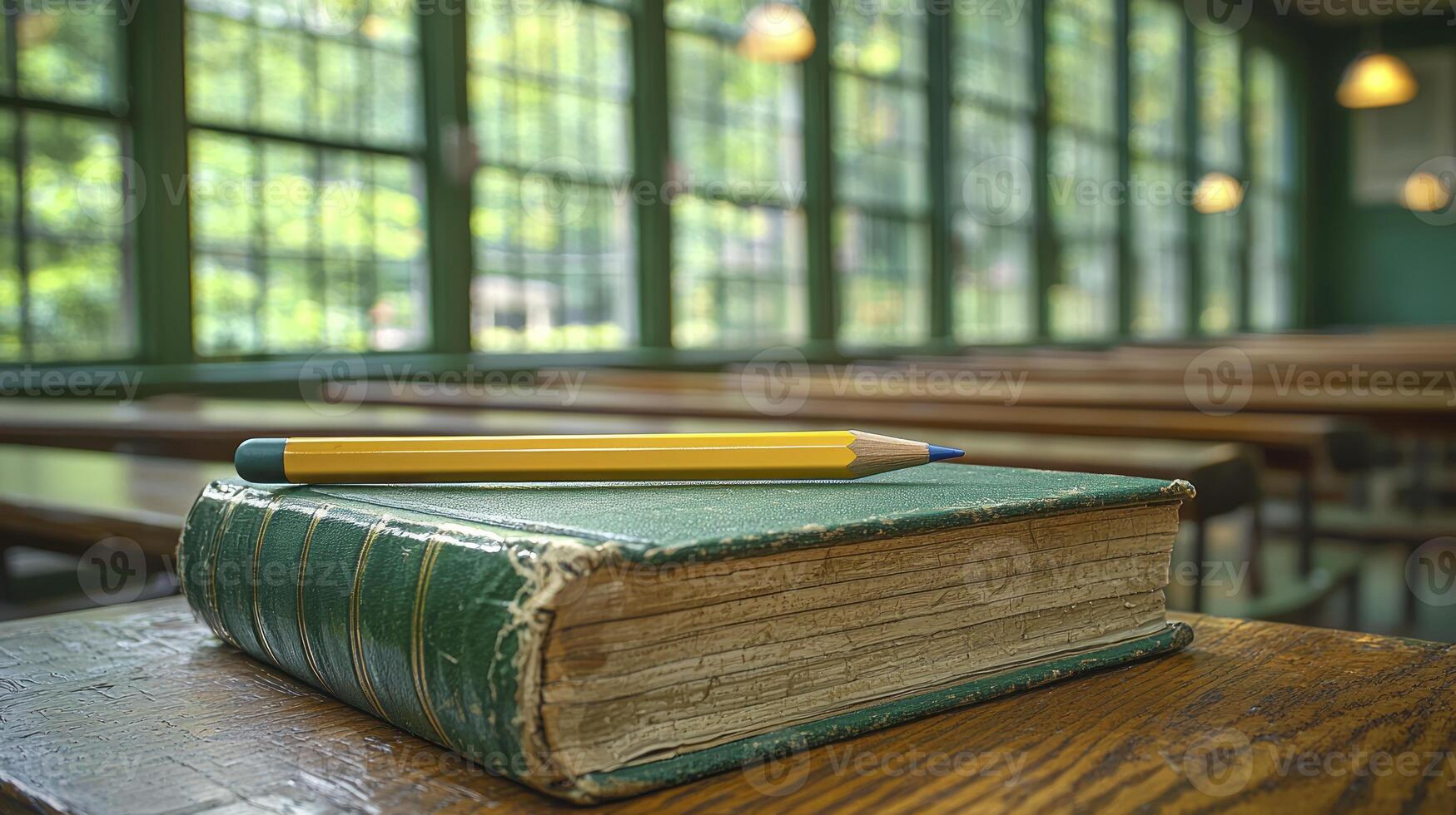 A pencil sits on top of an old book photo