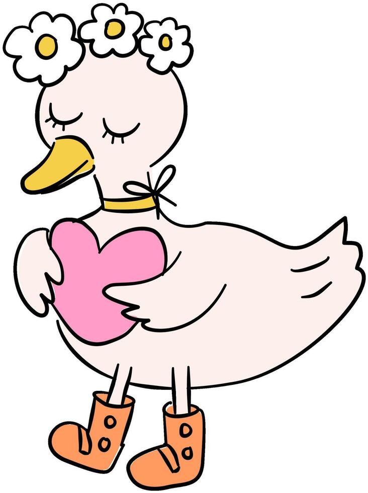 cute goose duck cartoon with daisy flowers and pink heart hand drawn vector