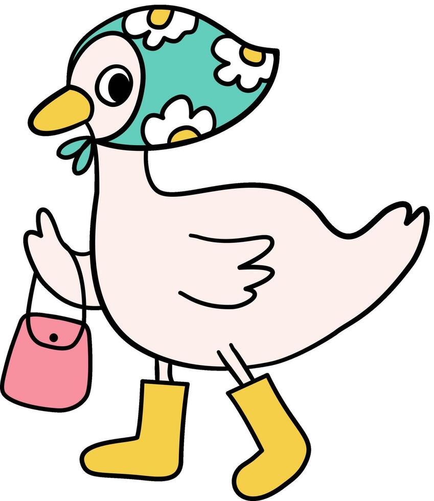 cute goose cartoon with daisy scarf and hand bag hand drawn vector