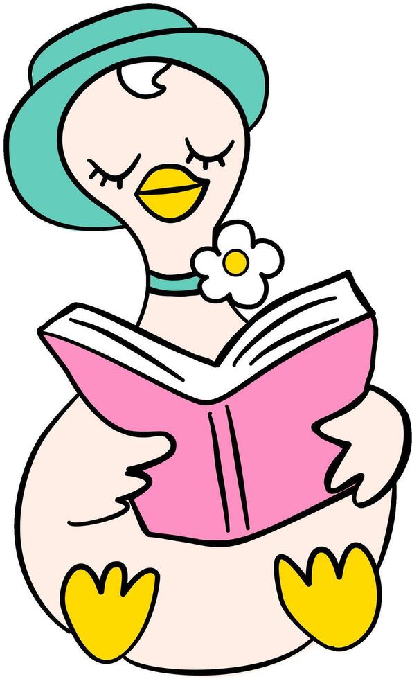 cute goose wearing hat and reading book hand drawn cartoon vector