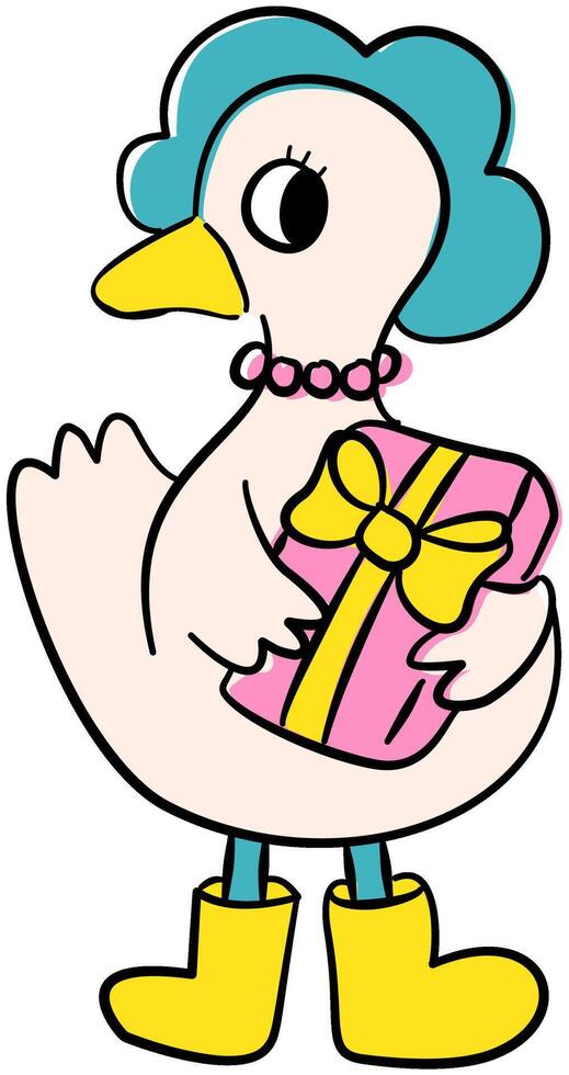 cute goose cartoon with hat and gift box hand drawn vector