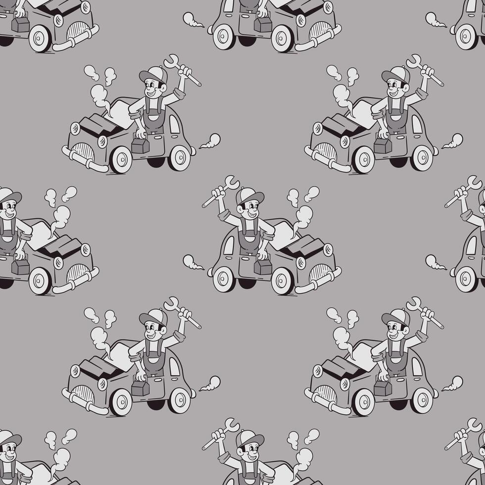 A seamless, repeating pattern featuring a vintage cartoon illustration of a cheerful mechanic holding a wrench next to a smoking, broken-down car vector