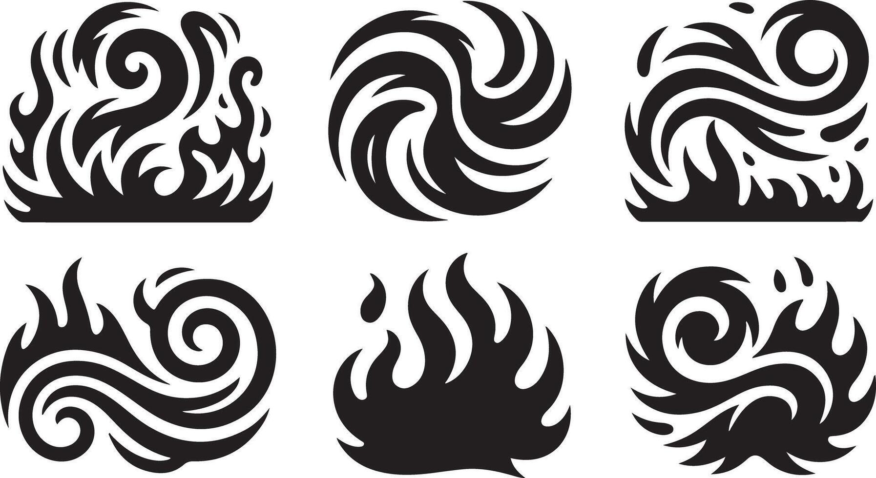 Tribal Flame Silhouette Collection in Black Featuring Swirling Fire Elements for Tattoos vector