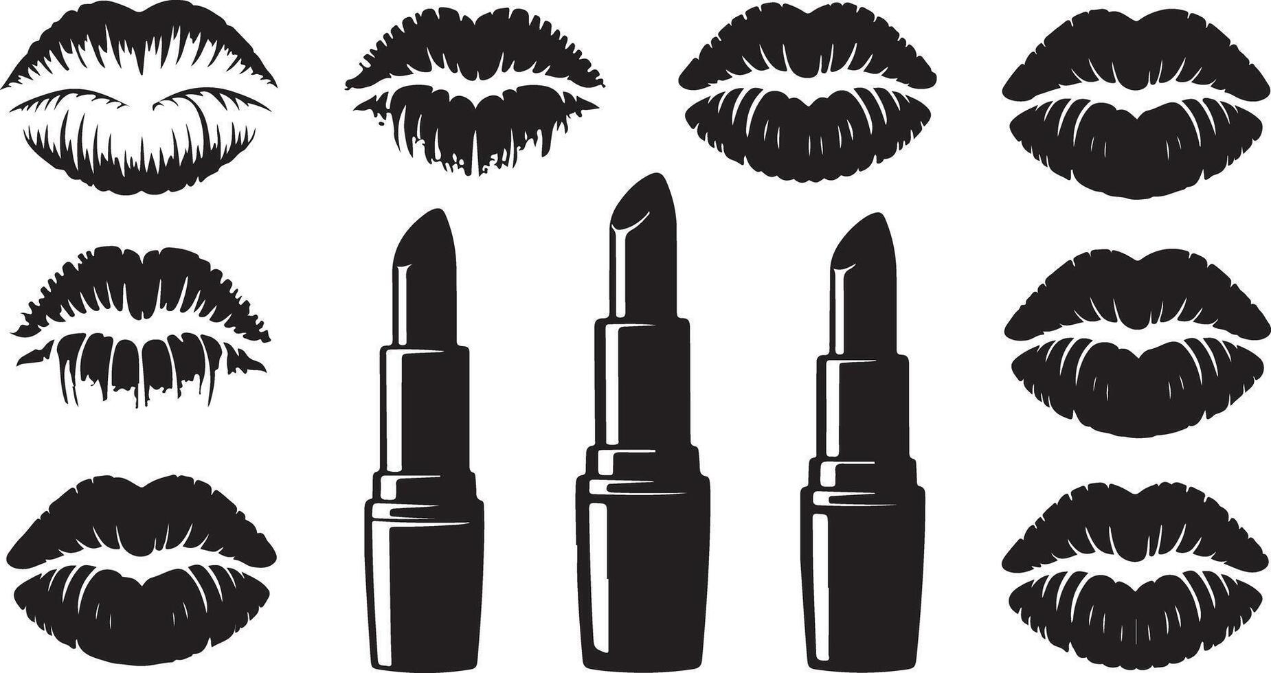 Lipstick and Kiss Silhouette Black Featuring Lip Prints and Cosmetic Tubes for Beauty Branding vector