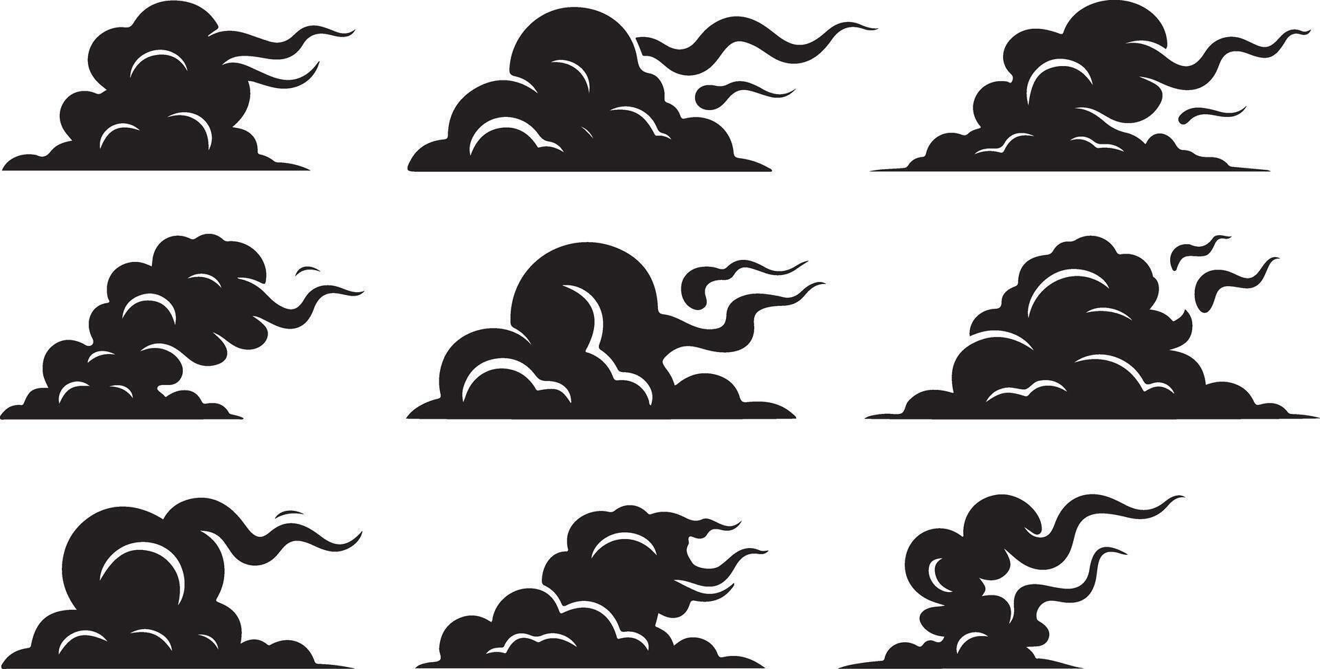 Cloud Silhouette Collection in Black Featuring Swirling and Windy Forms vector