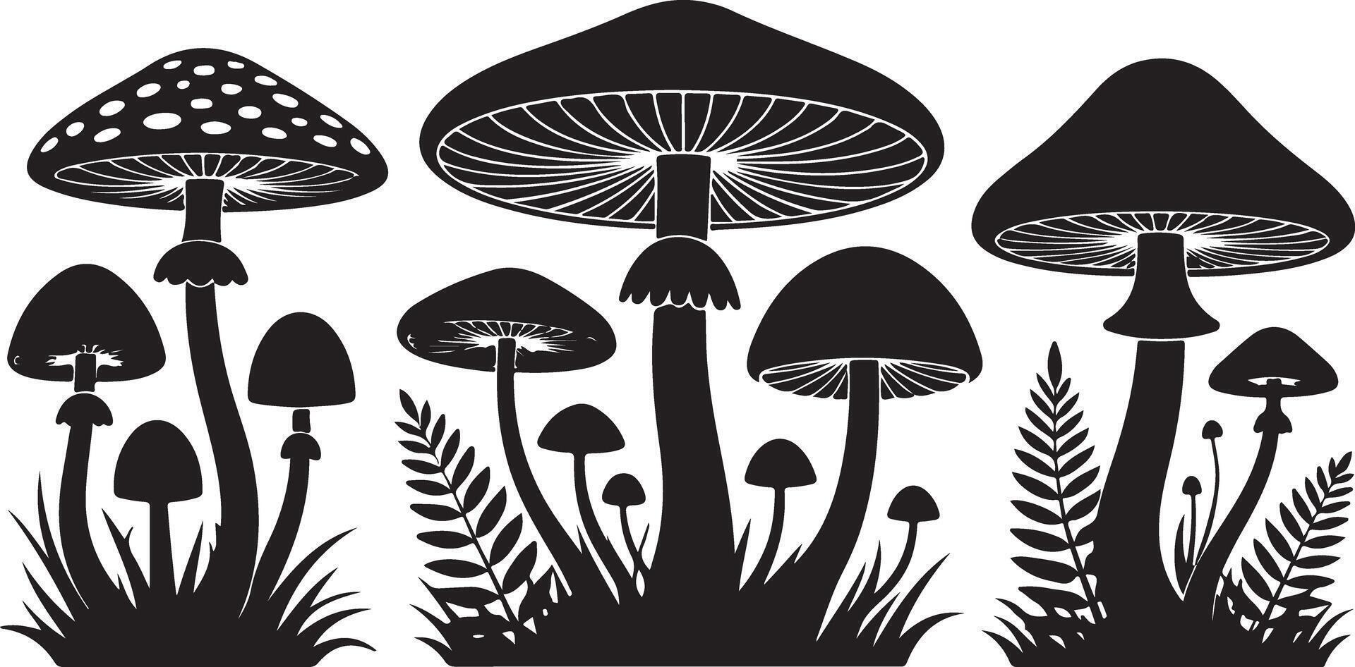Mushroom Silhouette Featuring Wild Forest Fungi with Ferns and Grass for Botanical Art vector