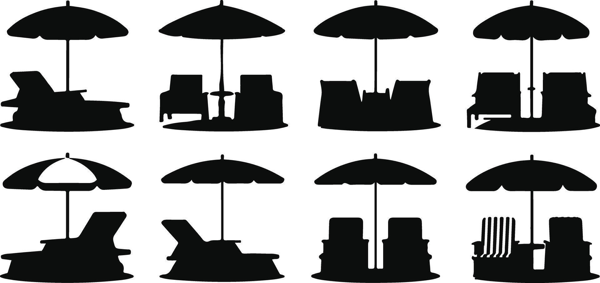 Beach Chair and Umbrella Silhouette Collection in Black Featuring Summer Seating Arrangements for Vacation vector