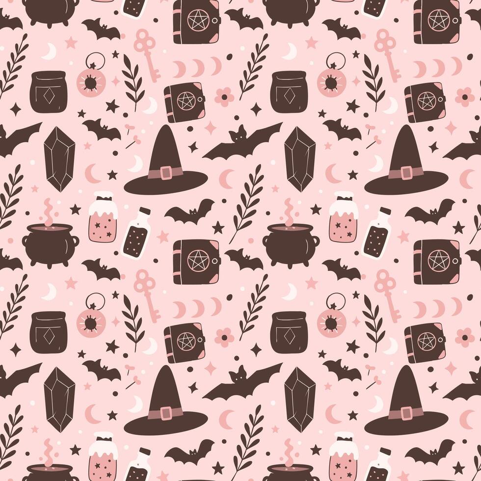 a pink background with various halloween items vector
