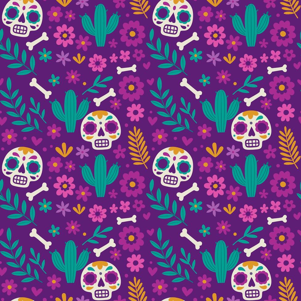 day of the dead pattern with skulls and cactus vector