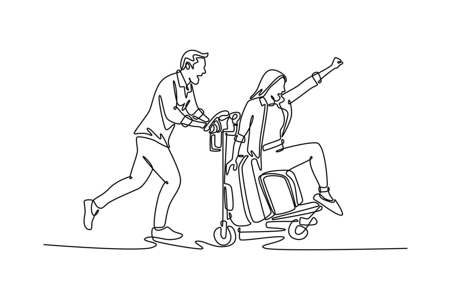 Romantic couple in airport. Airport activity concept. Single line draw design. graphic illustration vector
