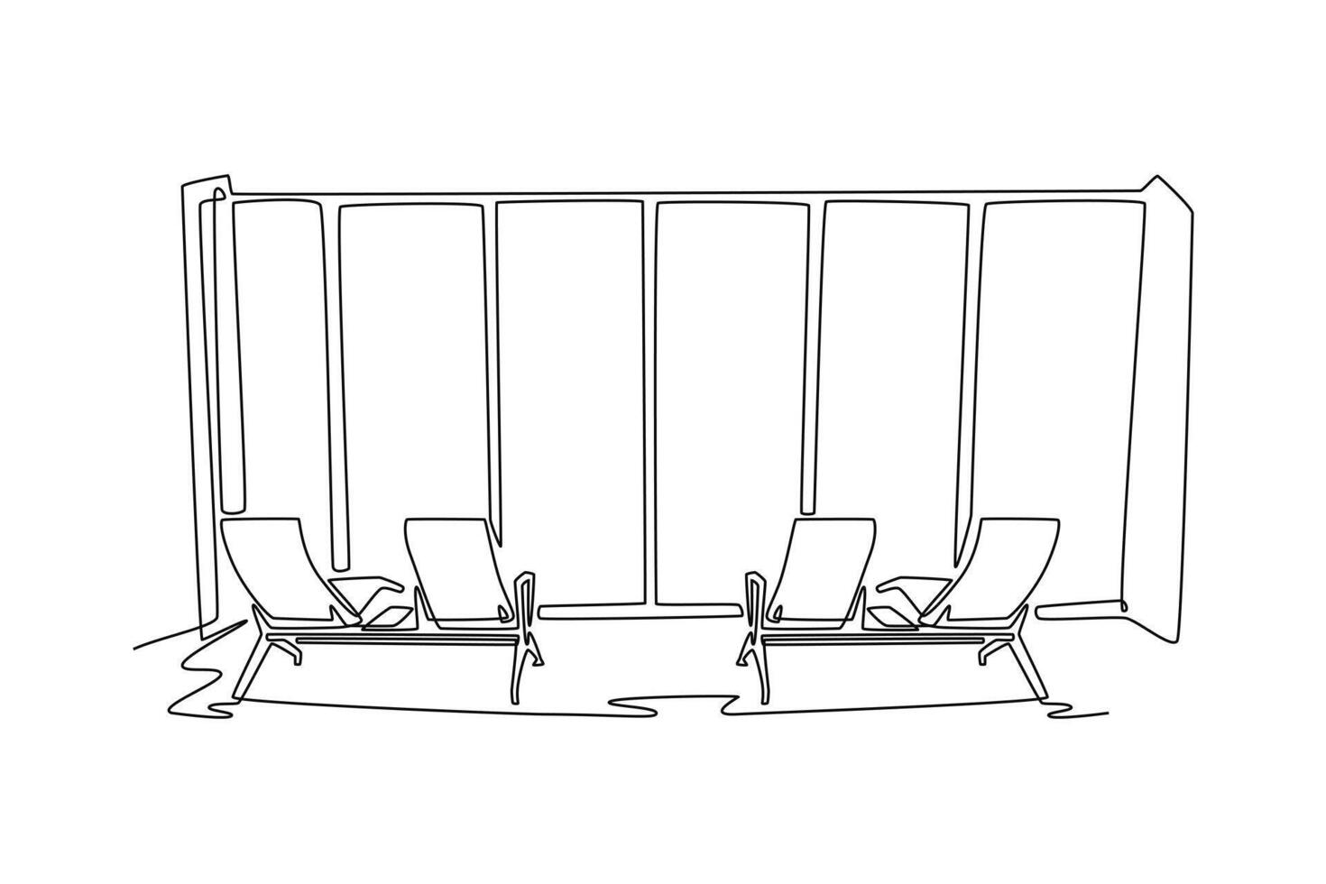 View from an airport terminal window showing chairs facing the runway. Airport activity concept. Single line draw design. graphic illustration vector