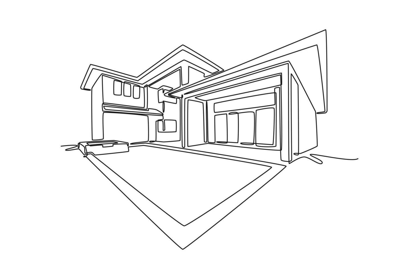 Backyard of a modern house with swimming pool. Real Estate concept. Single line draw design. graphic illustration vector