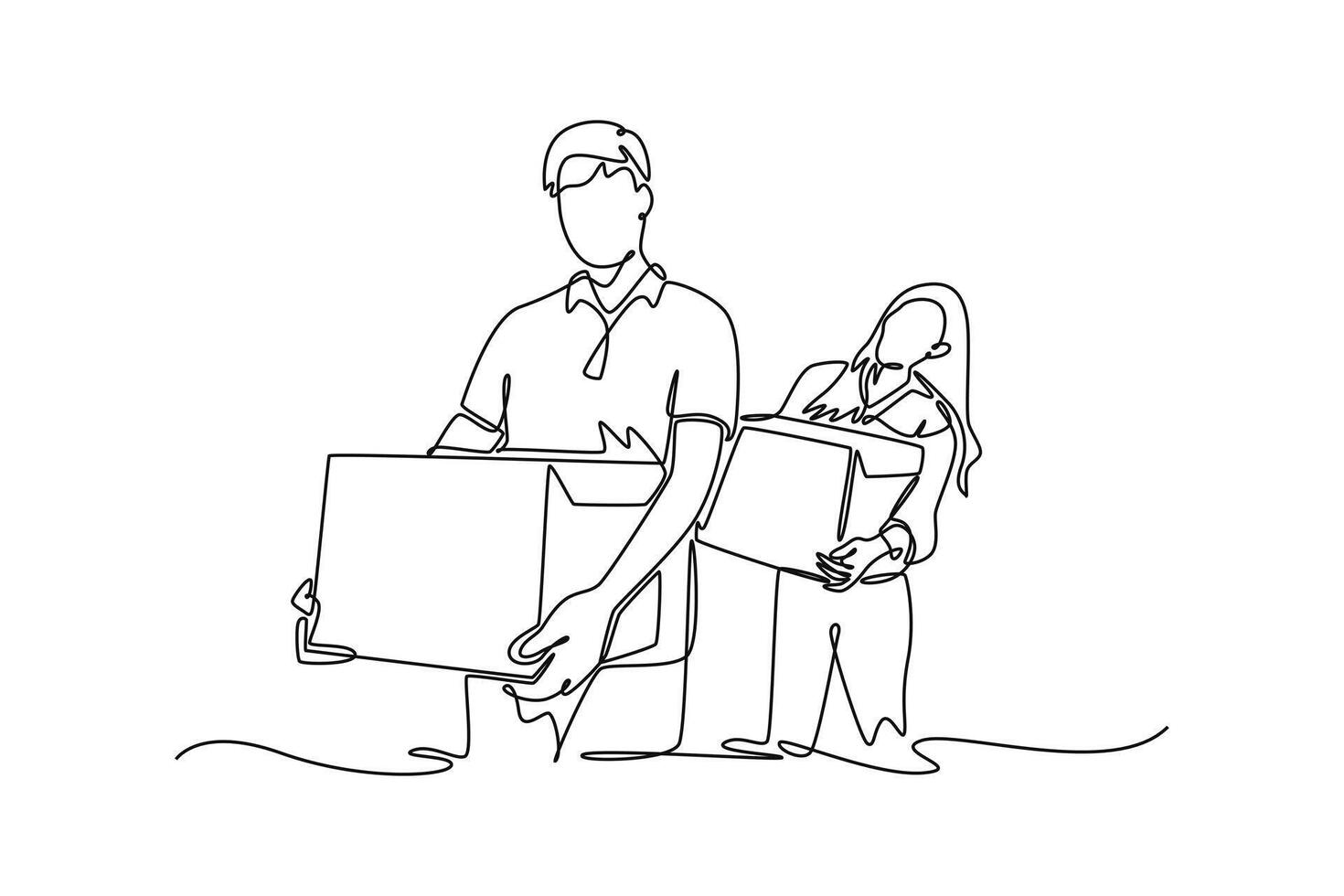 Happy family with cardboard boxes. moving day. Real Estate concept. Single line draw design. graphic illustration vector