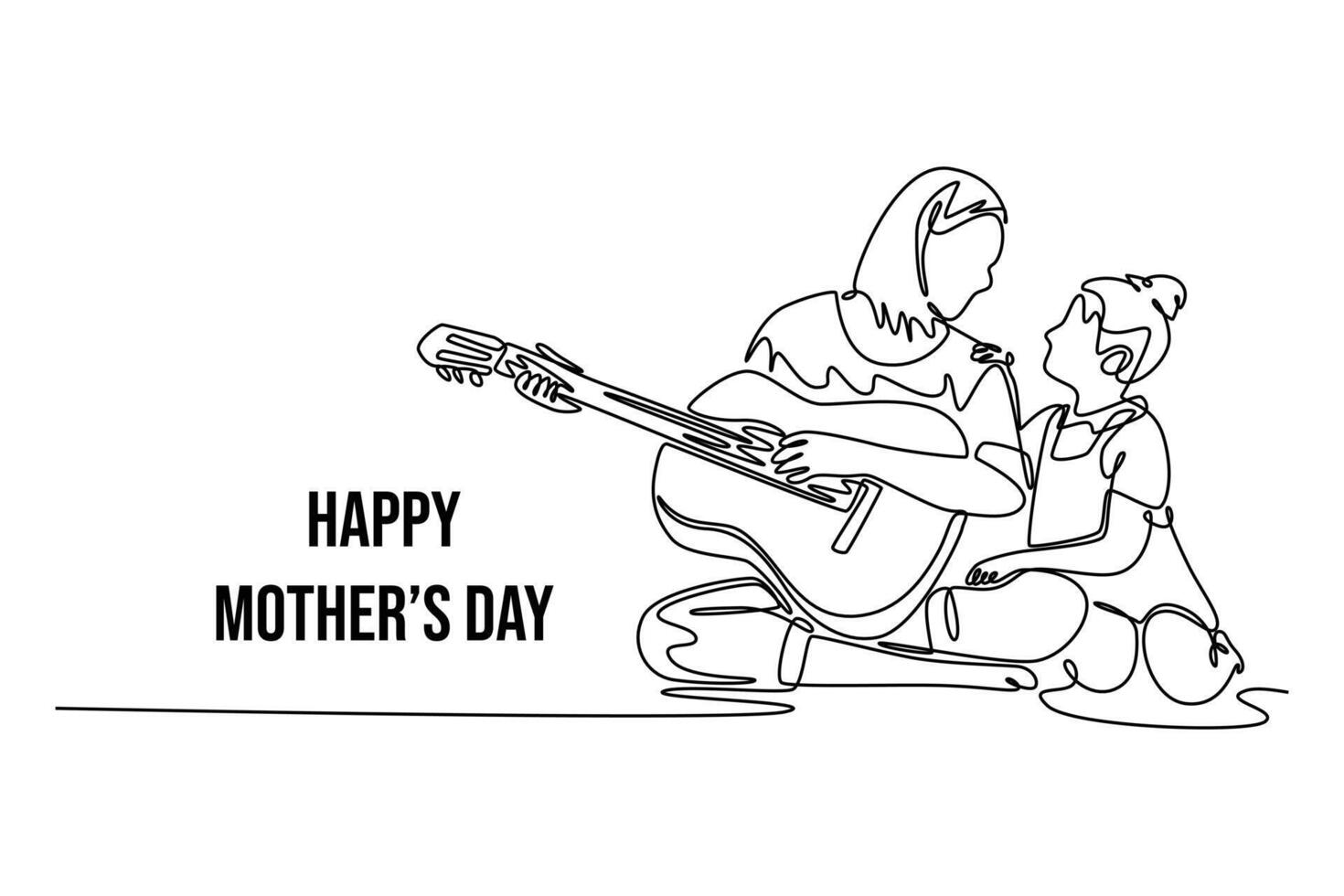 Mom and child playing musical instruments. Mothers day concept. Single line draw design. graphic illustration vector