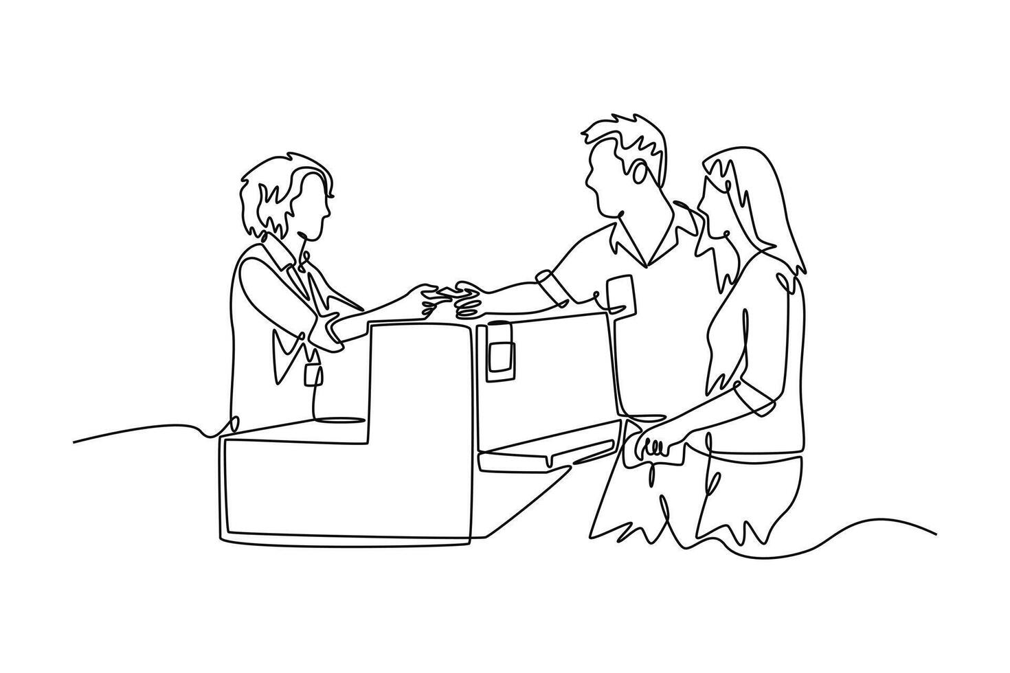 Couple At Airport Check In Desk Leaving On Vacation. Airport activity concept. Single line draw design. graphic illustration vector