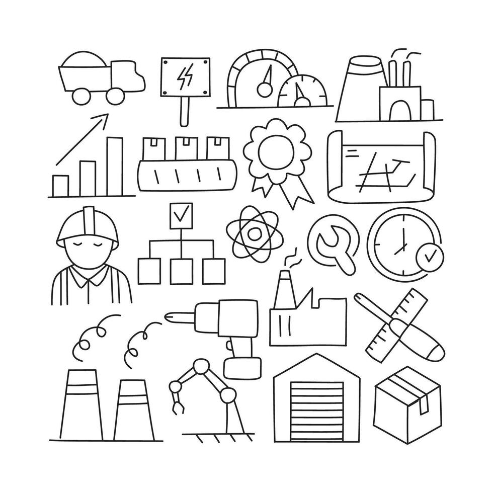 Factory, doodle icon set. Isolated on white background vector