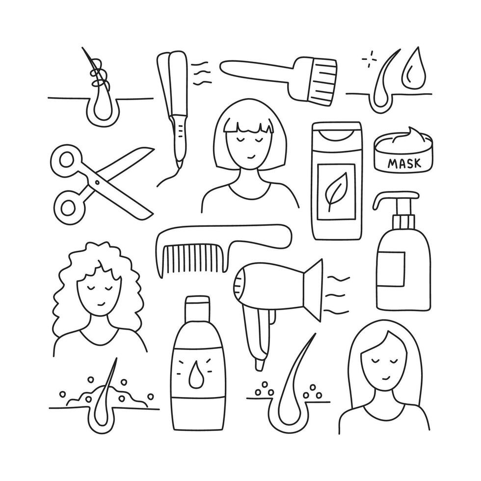 Hair care. doodle icons set. Isolated, on white background. vector